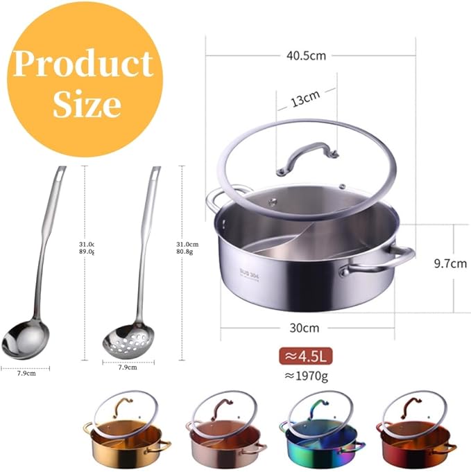 11.8 Inch Stainless Steel Shabu Hot Pot with Divider, Glass Lid Dual Sided Stockpots, Slotted Spoon and Soup Ladle for Induction Cooktop Gas Stove,Dishwasher safe (Rose Gold)