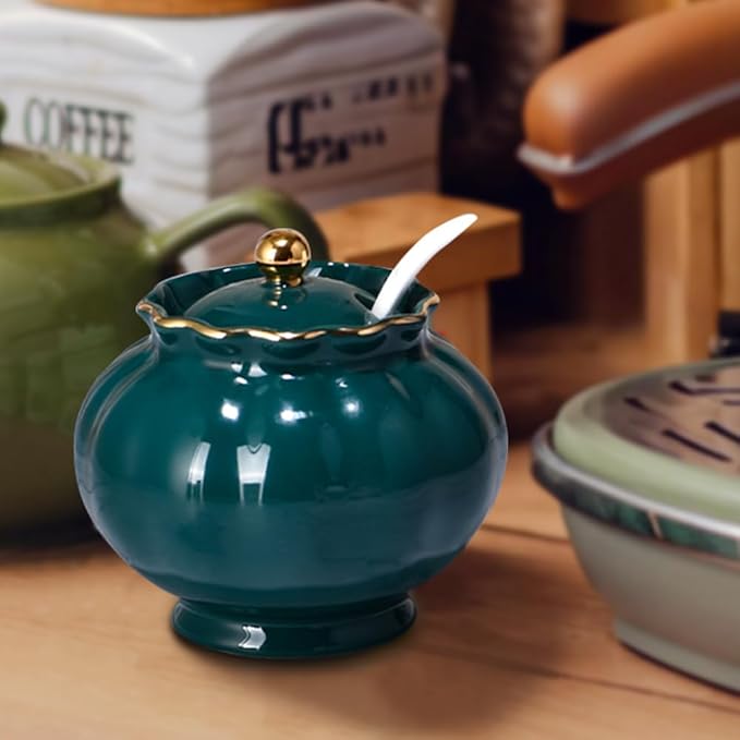 Sugar Bowl with Lid and Spoon, Ceramic Sugar Bowl, 9oz Sugar Jar for Coffee Bar, Spice Box Sugar Containers for Seasoning, Sauce, Elegant Decor for Kitchen Countertop
