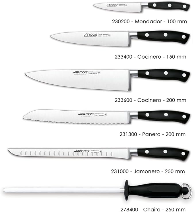 Arcos Forged Block Knife 6 piece Nitrum Stainless Steel. 4055 gr. Multi-use Cooking Knife for Cutting Meat and Vegetables. Ergonomic Polyoxymethylene POM Handle. Series Riviera. Color Black.