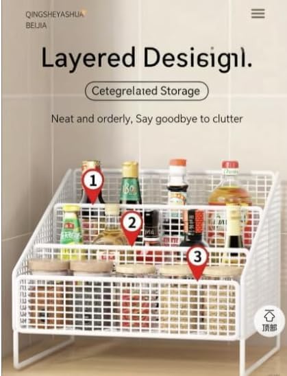 3-Tier Countertop Spice Rack Organizer with Mesh Shelves, Black Metal Kitchen Storage Shelf for Pantry, Counter, Cabinet, Condiments, Spices, Jars, Bathroom, Vanity (14.2" x 8.7" x 9.4") (white)
