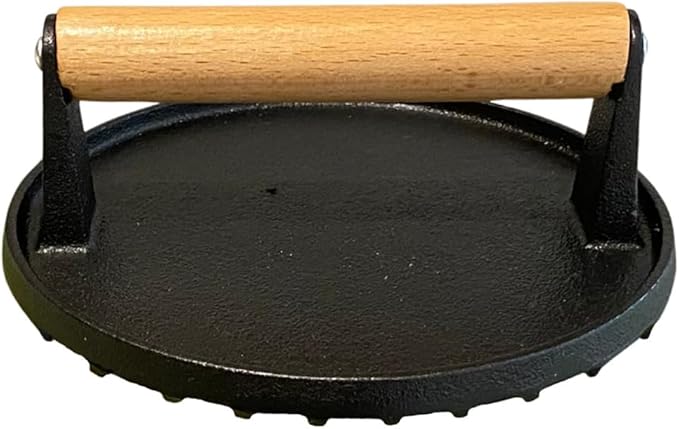 Evelots Cast Iron Burger Press - Heavy Duty Pre-Seasoned Burger Smasher for Grill - Weighted Press for Meat, Grilled Cheese, Panini - Cook Evenly & Faster - Round Wood Handle