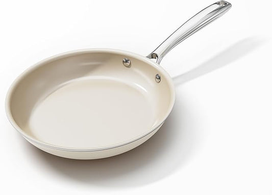 OUBRL Ceramic Non Stick Egg Pans, Nonstick Frying Pan Skillet,8 inch Cooking Pan Non Toxic,Induction Suitable，PFAS-Free Cookware, Dishwasher Safe, Oven and Broiler Safe (Cream White, 8 Inch)