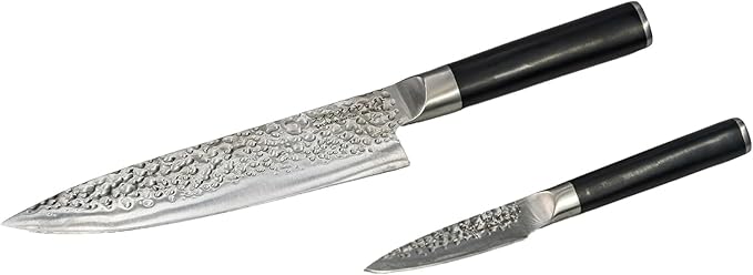 Swiss Diamond Chef & Paring Knife, German Steel With ABS Handle, Half Tang Handle, Hammered Blade Chef Knives Professional Grade, 55+2 Rockwell Hardness, 8 & 4.5 Inch