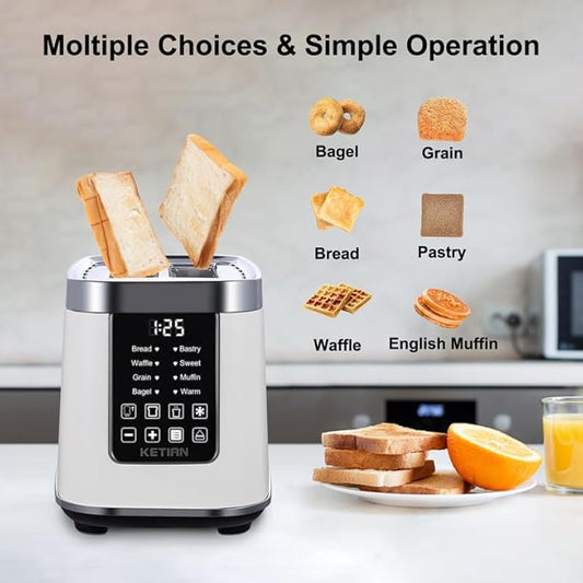 Smart Touch Screen Toaster 2 Slice, KETIAN Automatic Digital Stainless Steel Toaster,7 Bread Types,Single Slot Tech,7 Browning Settings,Removable Crumb Tray,1400W (White)