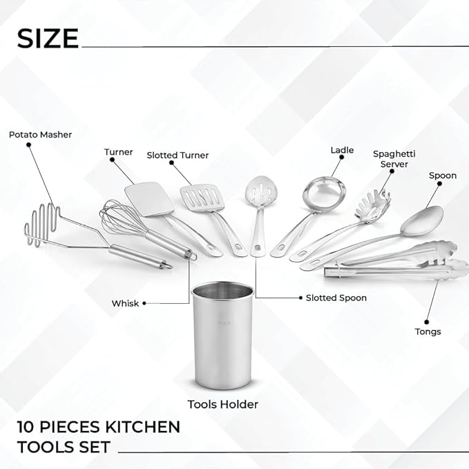 Avador® Premium Set of 10 Stainless Steel Kitchen Tool Set with Holder Easy To Clean, Space Saving, Great for Cooking, Baking, Prepping