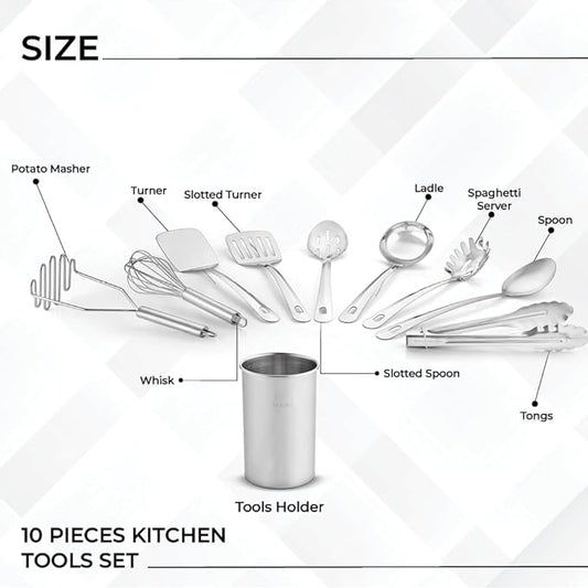 Avador® Premium Set of 10 Stainless Steel Kitchen Tool Set with Holder Easy To Clean, Space Saving, Great for Cooking, Baking, Prepping