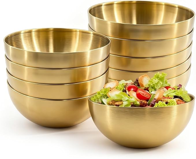 10 Pcs 5.9 Inch Golden Stainless Steel Mixing Bowls - Decorative Esthetician Bowls for Baking, Facial, Salad, Fruit, Candy | Perfect for Thanksgiving, Christmas, Weddings & First Holy Communion
