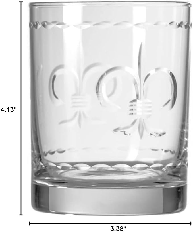 Rolf Glass Fleur De Lis Double Old Fashioned Glass | 13oz Whiskey Glass | Lead-Free and Diamond-Wheel Engraved | Proudly Made in the USA | Set of 4
