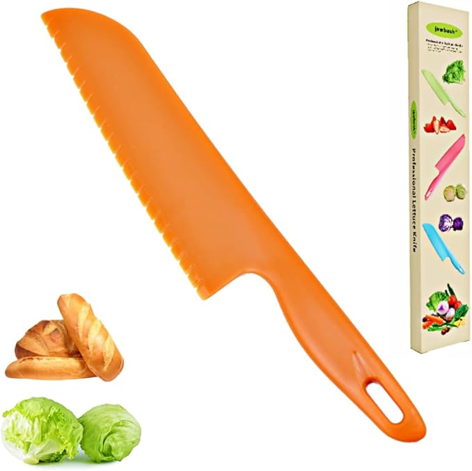 11" Plastic Serrated Bread Cutter to Cut Veggies, Salad, Cake or Brownies, Professional Lettuce Knife to Prevent From Turning Brown, Nylon Knife for Nonstick Pans, Durable and BPA free, Orange