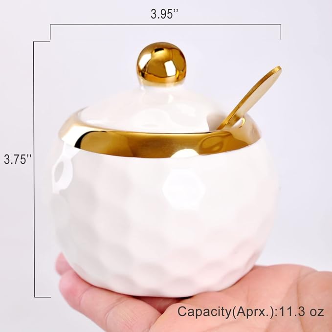 WHJY Ceramic Sugar Bowl with Lid and Spoon, Golf Design Porcelain Salt Bowl Salt Container, Modern Spice Box Seasoning Jar for Home and Kitchen Coffee Bar - White