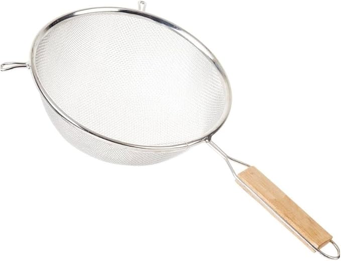 Soro Essentials- 8" Stainless Steel Single Coarse Mesh Strainer with Wooden Handle Pan Hook- Single Tinned Coarse Kitchen Food Strainer for Sift Drain Straining Liquids Stocks Sauces Soups Pasta