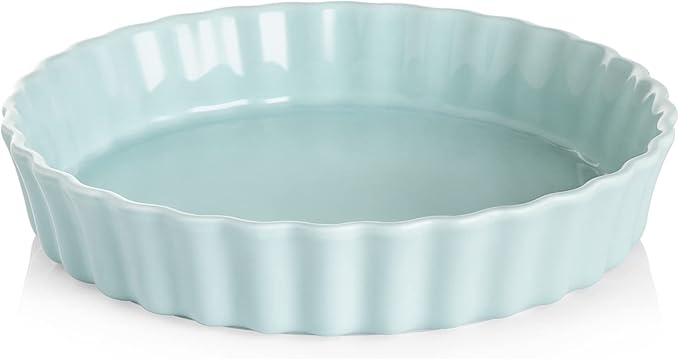 Sweejar Ceramic Pie Pan, 9.5 Inches Round Wavelet Fringe Dish, Non-Stick Plate for Baking Pumpkin, Apple (Turquoise)