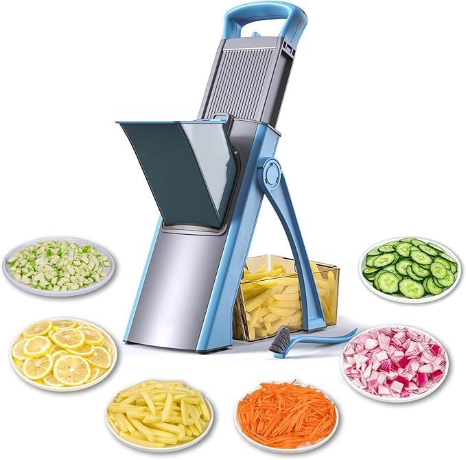 Multifunctional Mandoline Slicer, Adjustable Vegetable Chopper with 4 Cutting Modes, Extra Large Feed Slot, Foldable, Hand-Safe, Dishwasher Safe, for Commercial & Home Kitchen Use (Blue)