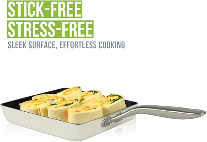 ValenCera TeChef Collection | Ceramic Nonstick Egg Frying Pan, Nontoxic - Nontoxic - Free of PFAS, PFOA, PTFE, Made in Korea (Square Pan)