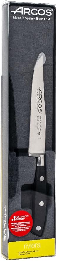 Arcos Kitchen Knife 6 Inch - Nitrum Stainless Steel and 150 mm blade.Professional Kitchen Knife for Cooking. Ergonomic Polyoxymethylene POM Handle. Series Riviera Blanc. Color Black