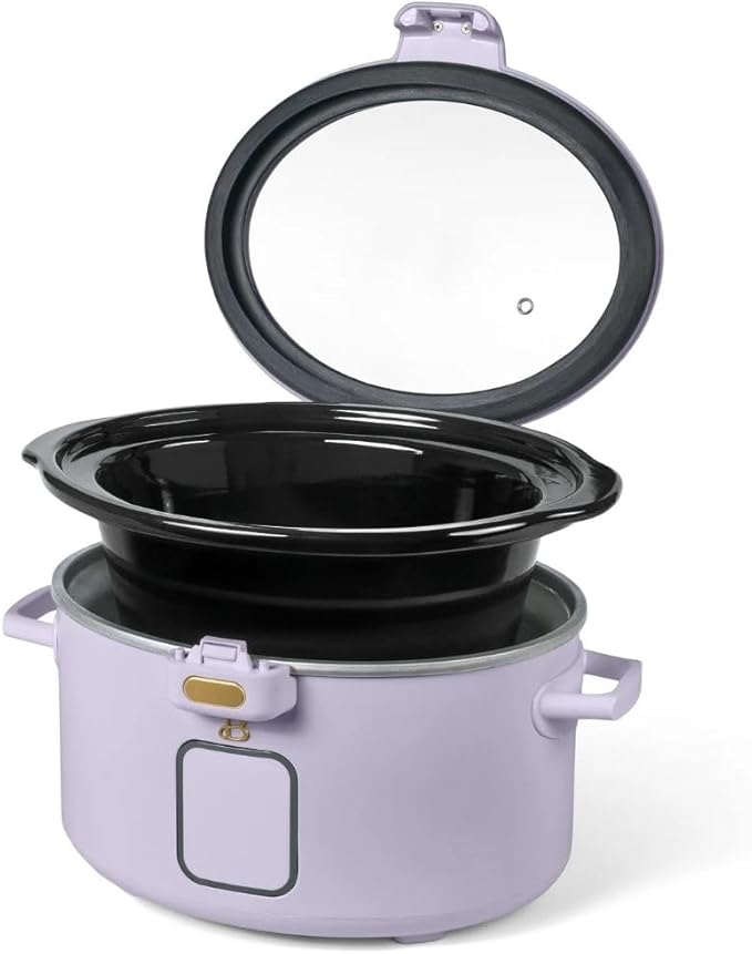 Beautiful by Drew 4.0-Quart Programmable Slow Cooker with Hinged Lid, Digital Timer, Keep Warm Function, Removable Stoneware Pot, Stainless-Steel Accents (Lavander)