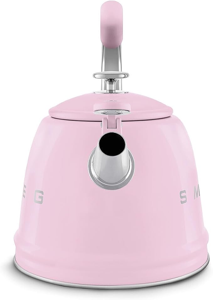 SMEG Stovetop Whistling Kettle – 50s Retro Style, 2.3 Liter (10 Cup / 2.4 Quart) Stainless Steel Tea Kettle with Iconic Design & Whistle – Premium Kitchen Statement Piece (Pink)