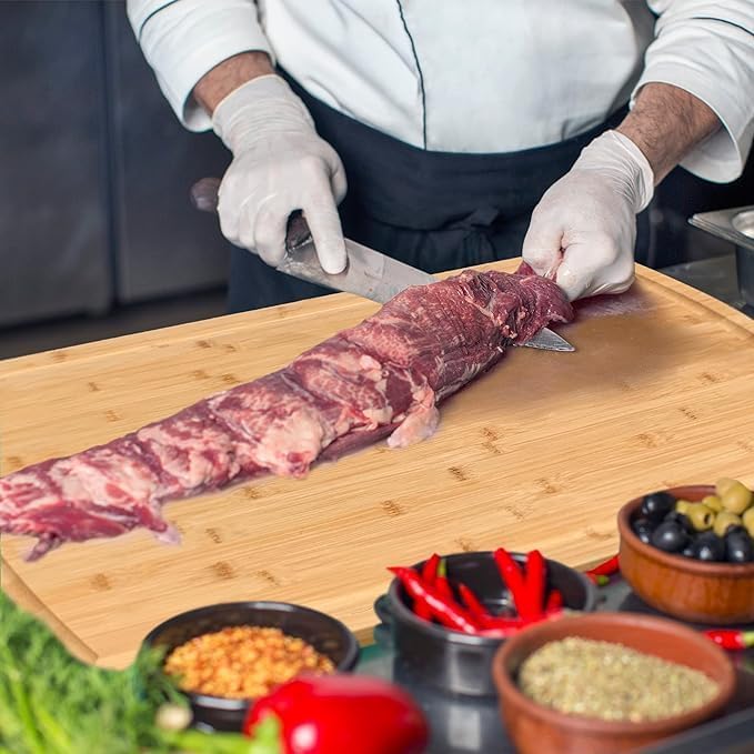 36" x 20" Bamboo Cutting Board for Kitchen Meal Prep and Counter Protection with 8” Stainless Steel Chef Knife, Extra Large, Thick and Heavy Duty, Deep Juice Groove for Meat, Vegetables