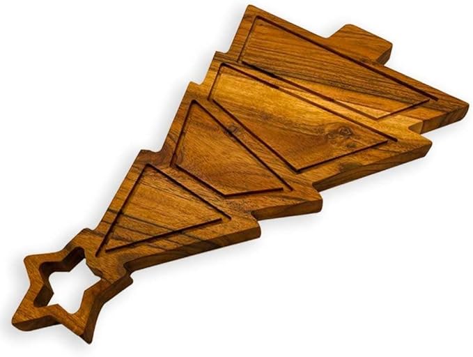 Treen Art Wooden Christmas Cutting Board for Kitchen Decor, 11"L x 9.75"W Star Tree Shaped Acacia Wood Chopping Board with Handle & Grooves, Serving Charcuterie Platter