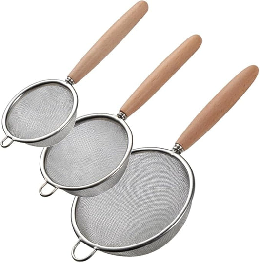 Fine Mesh Strainer with Hook, Stainless Steel Mesh Sieve with Handle, Kitchen Metal Food Strainer Sifter for Quinoa, Rice, Pasta, Fruits, Vegetables, Set of 3, 2.8", 3", 4"
