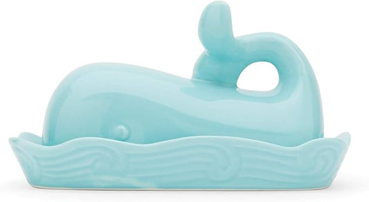 Fox Run Whale Ceramic Butter Dish with Lid, 7", Aqua Blue