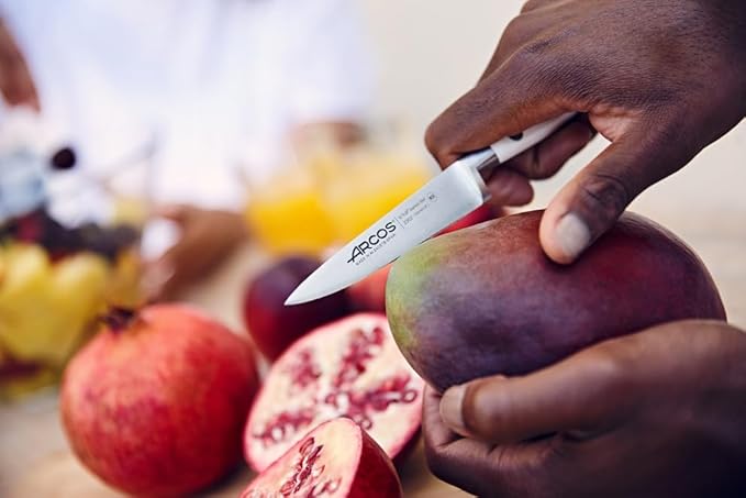 Arcos Forged Knife 4 Inch Stainless Steel. Kitchen Knife for Peeling Fruits and Vegetables. Ergonomic Polyoxymethylene Handle and 100mm Blade. Series Riviera Blanc. Color White