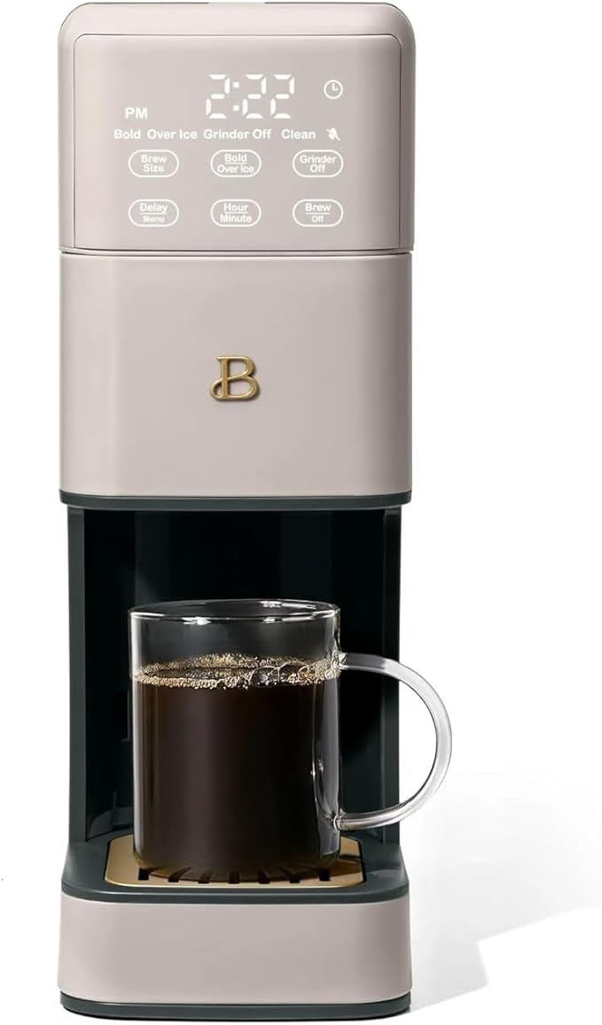 Beautiful Perfect Grind Programmable Single Serve Coffee Maker, Burr Grinder, 64 oz Reservoir, 6 Brew Sizes by Drew Barrymore (Porcini Taupe)