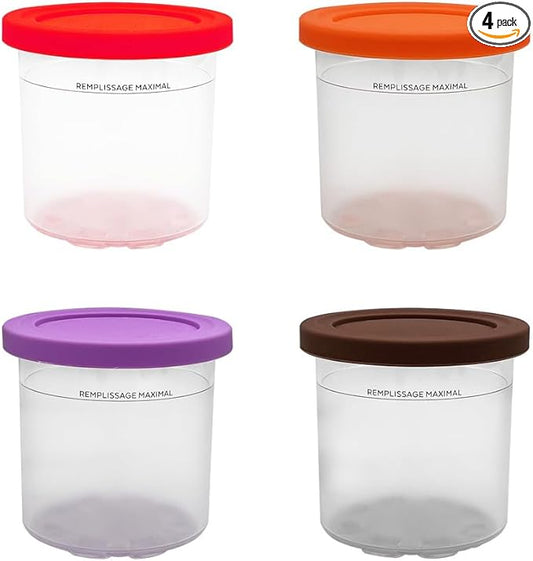 4 Pack Replacement Ice Cream Pint with Lid，Compatible with Ninja Creami Ice Cream Maker: NC301, NC300, NC299AMZ Series (Red/Orange/Purple/Coffee)