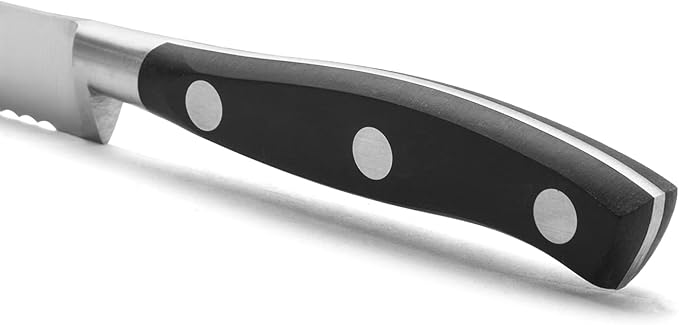 Arcos Forged Knife Serrated 5 Inch Nitrum Stainless Steel and 130 mm blade. Ergonomic Polyoxymethylene POM Handle. Series Riviera. Color Black