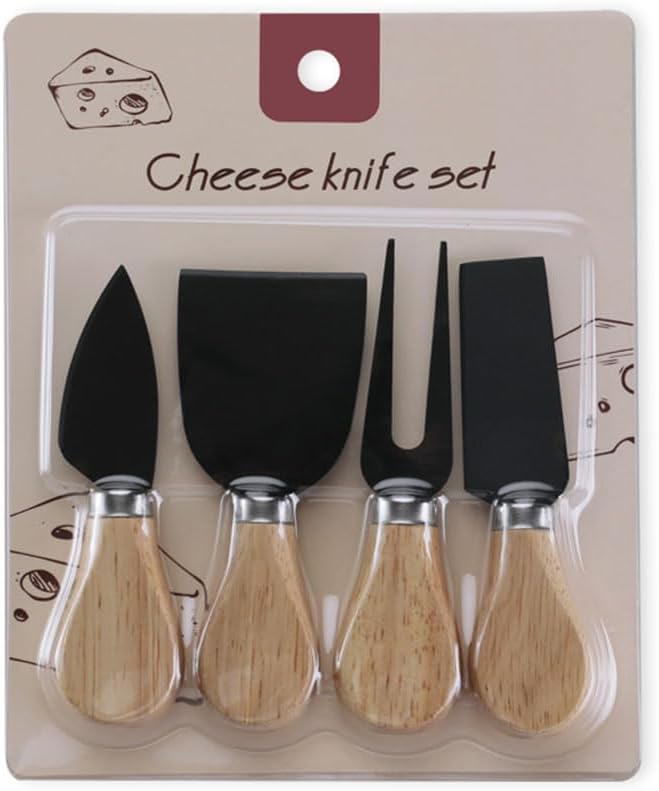 4-Piece Set of Stainless Steel Cheese Knives with Wood Hand, Including Cheese Slicer and Cheese Cutters, Essential Cheese Tools for the Kitchen (Oak handle, Black)