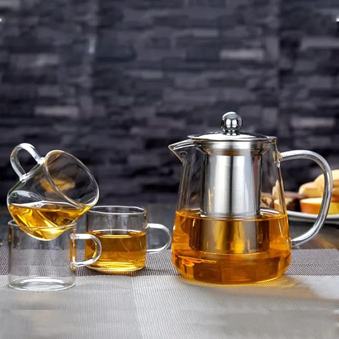 Glass Kettle Teapot for Gas Stove – Borosilicate Tea Pot with Stainless Steel Infuser, Heat-Resistant & Stovetop Safe, Loose Leaf & Blooming Tea – Set with 4-150ml Cups (750ML + 4Cup)