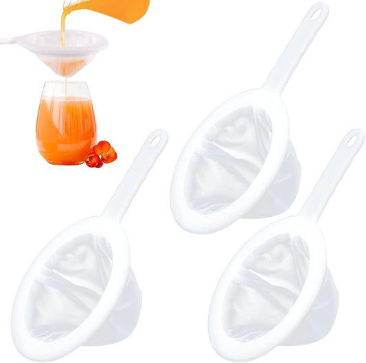 WXJ13 3 Pieces Ultra-Fine Nylon Mesh Strainer, Food Yogurt Mesh, Plastic Sieve Fine Mesh Colander with Handle for Filtering Juice Milk Soy Coffee Honey Wine Yogurt (100/200/400Mesh)