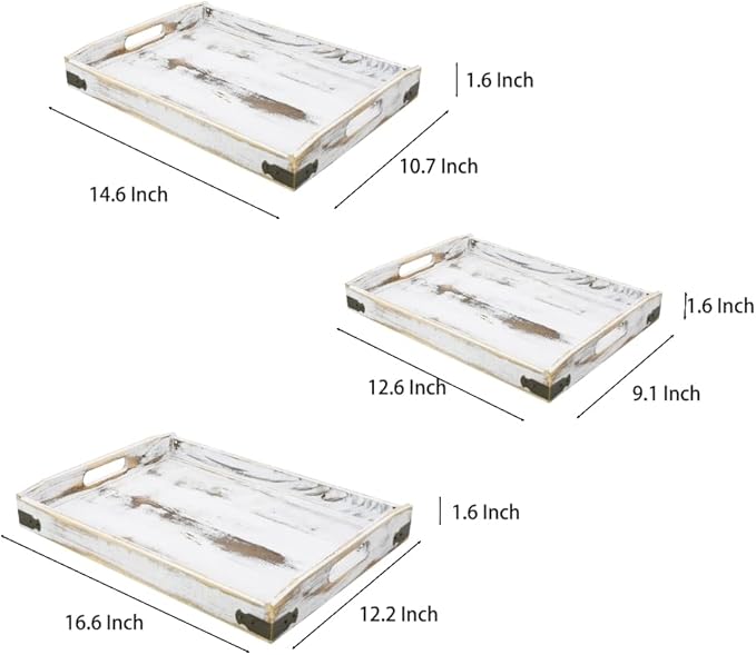 Owlgift Rustic White Wood Serving Trays with Brass Metal Wrap Accents, Set of 3