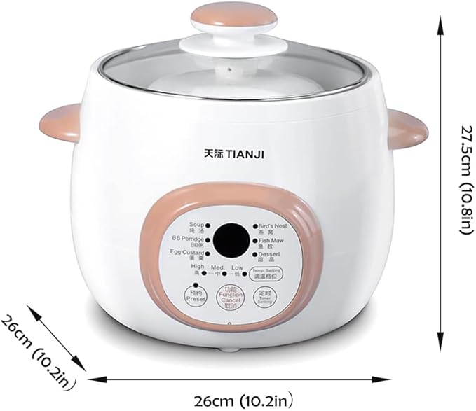 Tianji Electric Stew Pot, Ceramic Soup Porridge Cooker, Slow Cookers with Lid, 1L, White