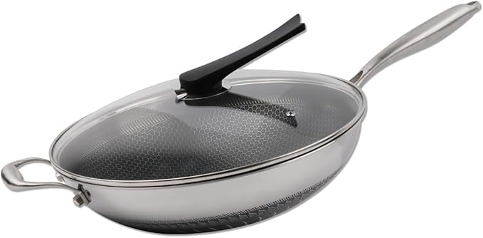 CATHYLIN 14" Honeycomb Non Stick Wok Pan Stainless Steel Stir-fry Wok with Lid,Skillet with Stay-cool Handle PFOA Free Suitable for Induction, Ceramic, Electric, and Gas Cooktops (Sliver, 14 Inches)