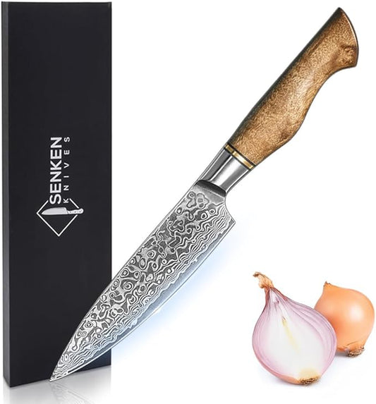 SENKEN 5" Damascus Steel Utility Knife - Dynasty Collection - 67-Layer Japanese VG10 Steel with Sycamore Wood Handle, Razor Sharp Double Bevel 15° Edge