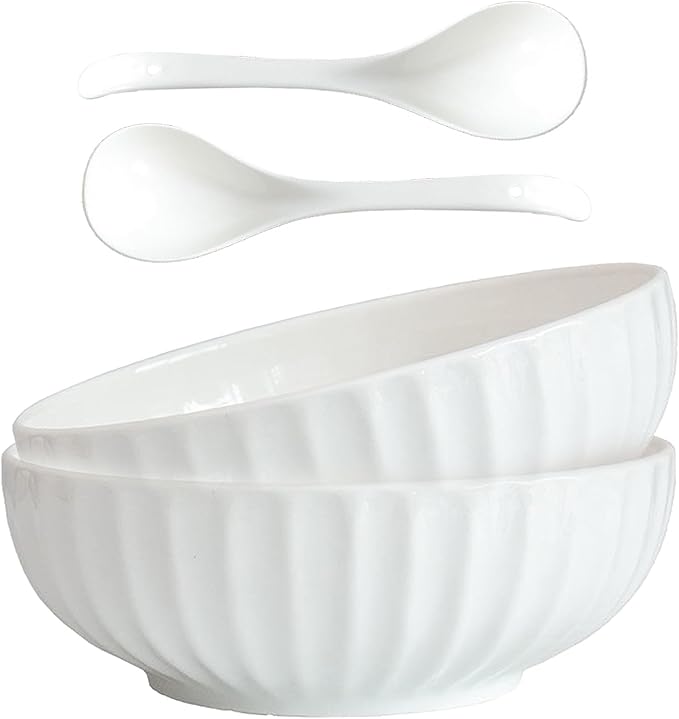 4 Quarts 2 Pcs Extra Large White Serving Bowls with Free Spoons, 12 inch Oversized Big Salad Bowls For Entertaining, Eating, Ceramic Serving Dishes, Pumpkin Serving Bowl Set For Fruit Soup Pasta