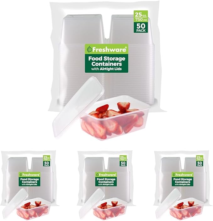Freshware Food Storage Containers [50 Set] 25 oz Plastic Deli Containers with Lids, Slime, Soup, Meal Prep Containers, BPA Free, Stackable, Leakproof, Microwave, Dishwasher and Freezer Safe