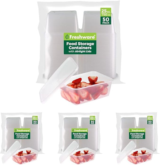 Freshware Food Storage Containers [50 Set] 25 oz Plastic Deli Containers with Lids, Slime, Soup, Meal Prep Containers, BPA Free, Stackable, Leakproof, Microwave, Dishwasher and Freezer Safe