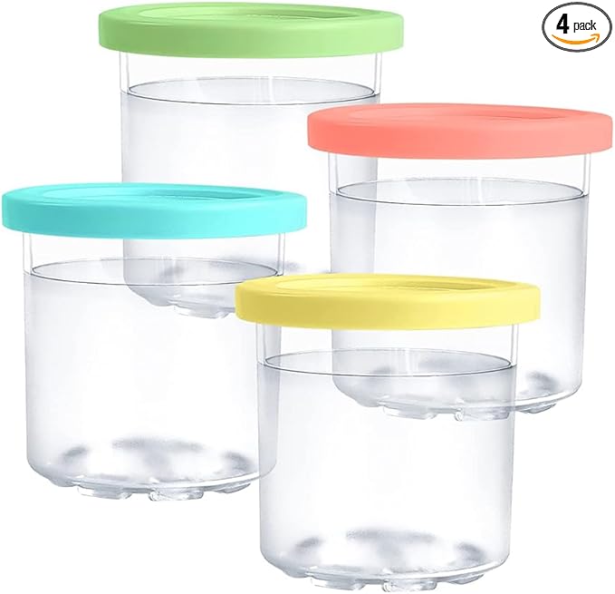 4 Pack Replacement Ice Cream Pint with Lid，Compatible with Ninja Creami Ice Cream Maker: NC301, NC300, NC299AMZ Series (Pink/Yellow/Blue/Green)