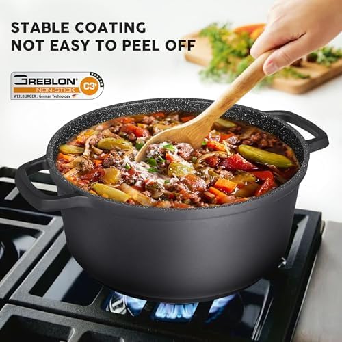 INSETFY Large Dutch Oven Pot with Lid-7.5QT Cast Aluminum Oven Pot with Two Handles Lightweight for Bread Baking Braising and Roasting(Black)