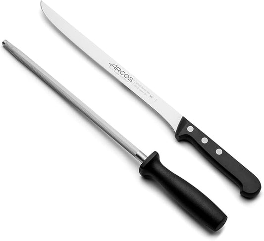 Arcos Universal Serie - Slicing Knife Set Ham Knife Set 2 Pieces (1 Knife + 1 Sharpening Steel) - Nitrum Stainless Steel Blade - Polyoxymethilene (POM) Handle in Black Color, 7