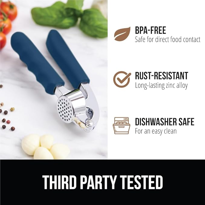 GORILLA GRIP Garlic Press and Peel Set, Heavy Duty Mincer Tool, Large Ergonomic Handle, Easily Mince and Crush Garlics, Ginger, Nuts, Seeds, Peeler Included for Peeling Cloves, Kitchen Gadgets, Blue
