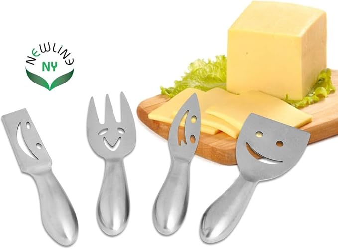 NEWLINE NY Stainless Steel 4 Pieces Smiling Faces Cheese Knife Set: Hard and Soft Cheese Knives, Serving Fork & Cheese Spreader