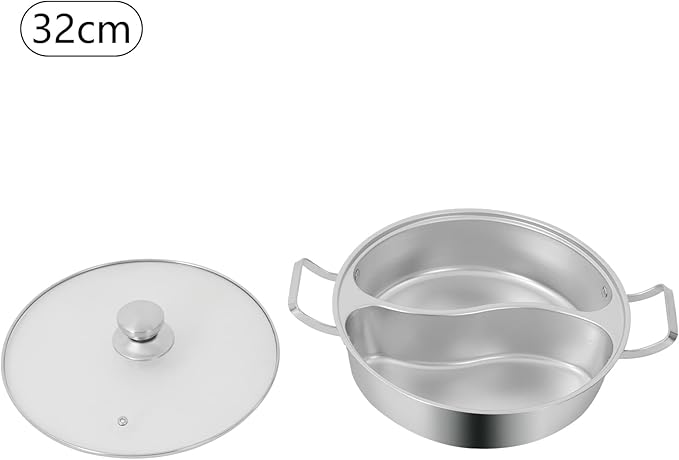 Double-flavor Hot Pot, 5L Stainless Steel Hot Pot with Divider and Clear Lid Divided Stockpot for Gas Hob Induction Hob Electric Ceramic Hob Electric Heater (12.6 * 3.5 inch)