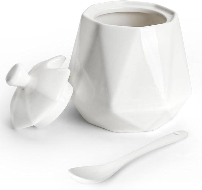 Ceramic Sugar Bowl with Lid and Spoon, Rhombus Porcelain Salt Storage Jar, White Seasoning Container for Home and Kitchen, 10 Ounces (Rhombus)