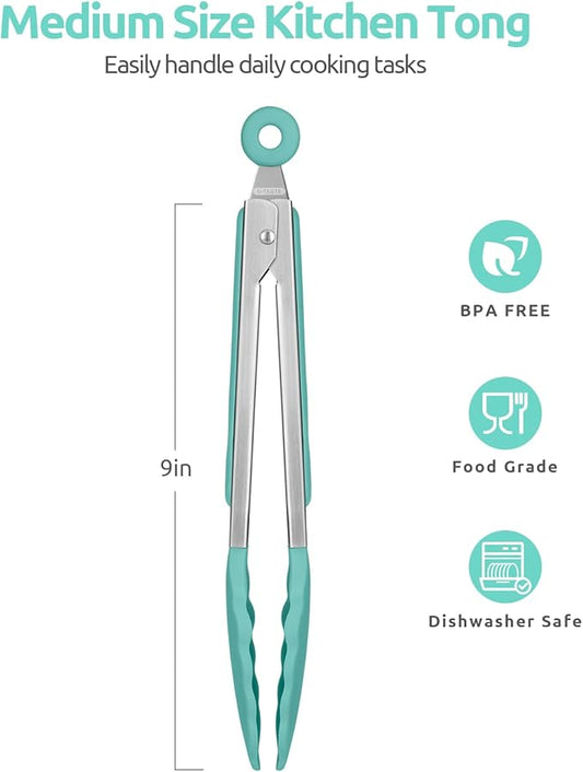 600ºF Heat Resistant Kitchen Tongs: U-Taste 9 inch Silicone Cooking Tong with Firm Sealed Non Stick Rubber Tips & Silicon Coated 18/8 Stainless Steel Handle & Smooth Locking for Serving Salad-Aqua Sky