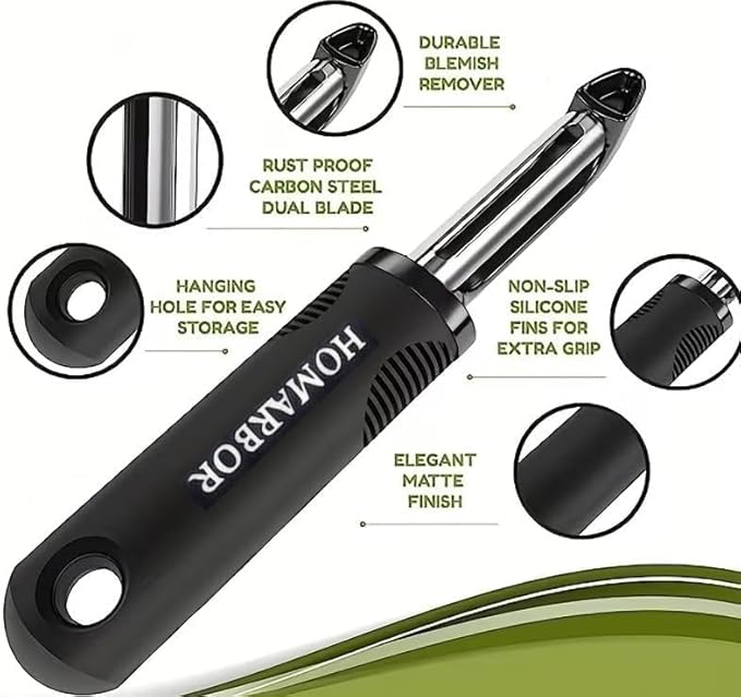 Black Premium Vegetable Peeler | Ultra-Sharp Swivel Stainless Steel Blade | Ergonomic Soft Grip Handle | Mango Peeler | Dishwasher Safe | Skin Peeler for Veggies & Fruits | Potato Peeler & Eye Remover