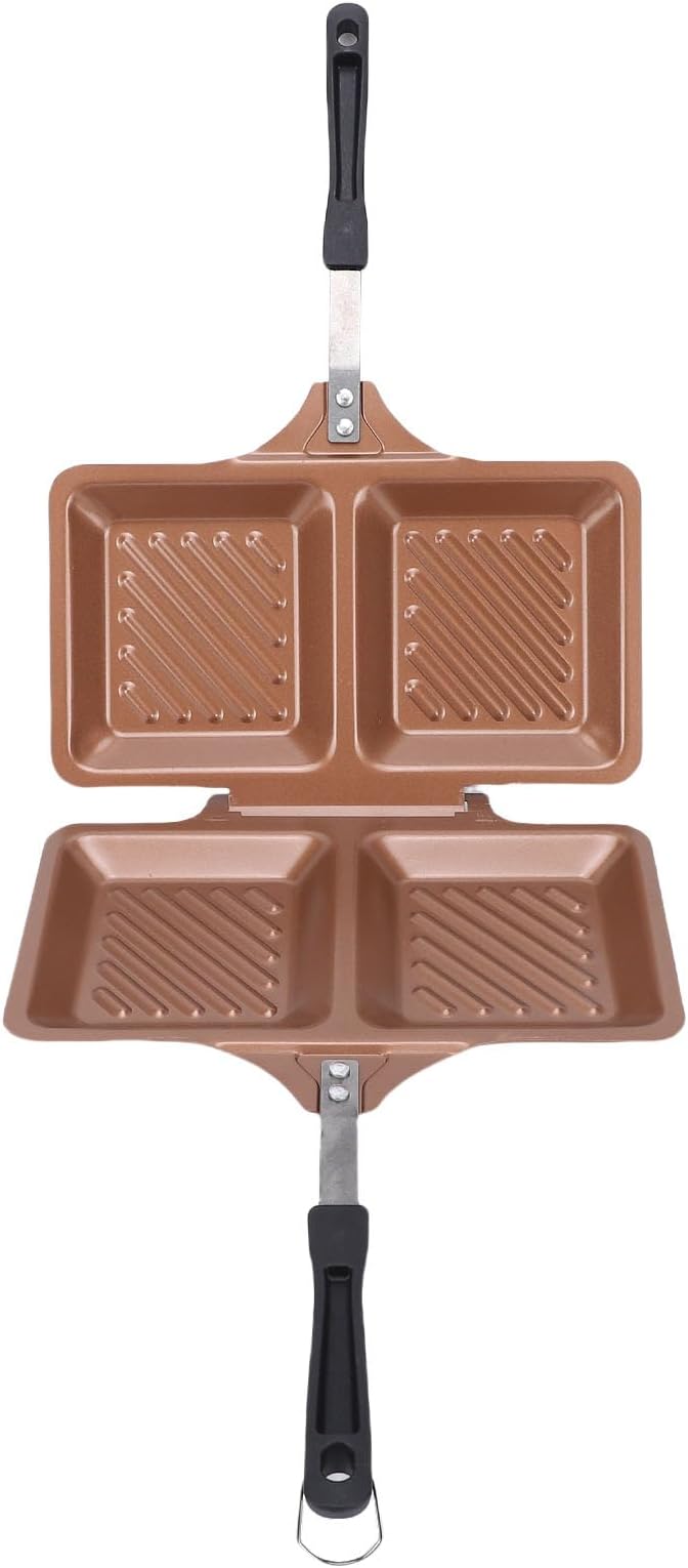 Focket Grilled Sandwich Maker, Non Stick Coating Double Sided Stovetop Panini Press Grill, Iron 26.74oz Square Toasted Panini Maker Pan for Home Kitchen Waffle Barbecue Steak, Easy (Gold)
