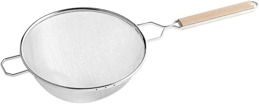 Soro Essentials- 10.25" Stainless Steel Single Coarse Mesh Strainer with Wooden Handle Pan Hook- Single Tinned Coarse Kitchen Food Strainer for Sift Drain Straining Liquids Stocks Sauces Soups Pasta